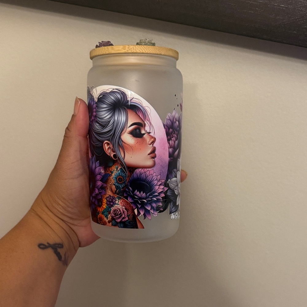 Frosted Glass Jar with Artistic Woman Design